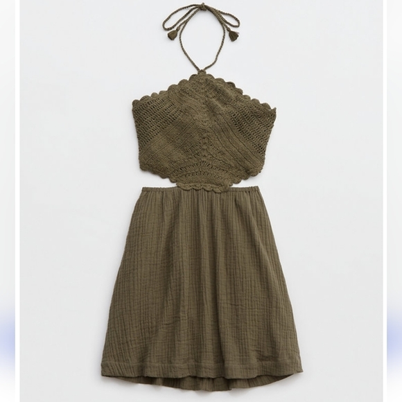 Aerie Pool-To-Party Crochet Halter Mini Dress Women's XS/TP Washed Olive Green - Picture 4 of 15